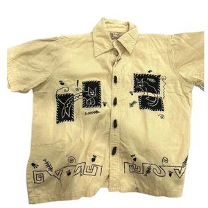 vintage embroidered cat tan button down shirt